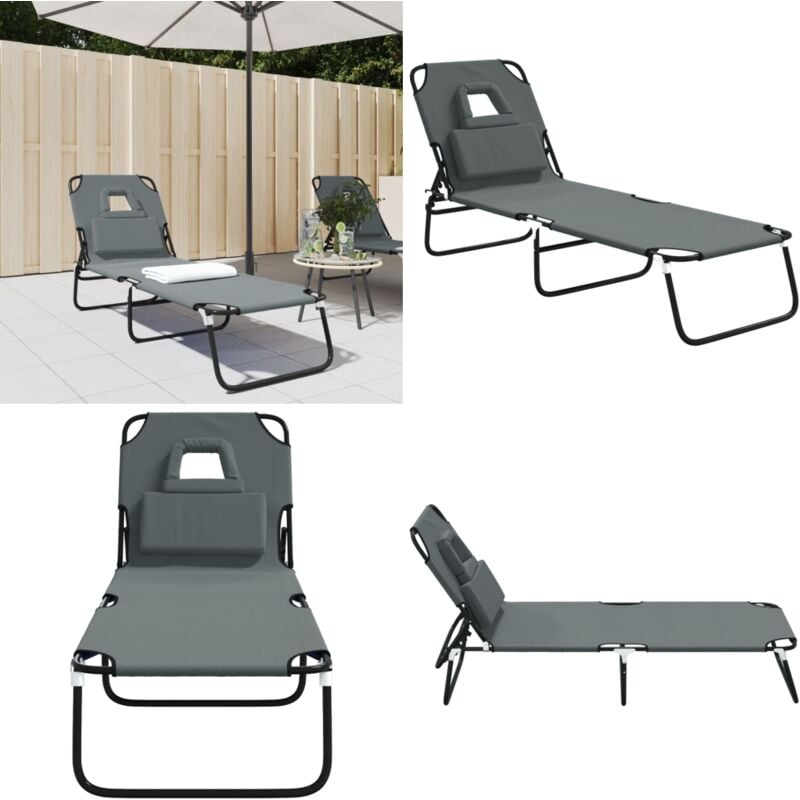 Chaise longue pliante gris tissu oxford acier enduit de poudre - Chaise Longue Pliante - Transat - Lit De Bronzage - Mobilier De Jardin - Chaises
