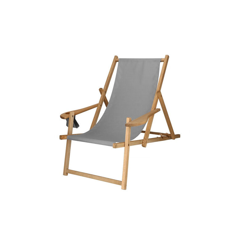 Chaise longue pliante imperméabilisée avec accoudoirs et porte-gobelet gris cendré.
