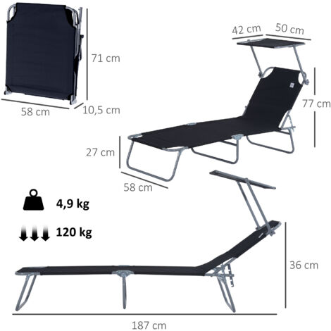 Chaise longue pliante Outsunny, chaise longue de jardin avec pare-soleil, chaise longue avec dossier réglable en 4 positions, chaise longue de camping, supporte jusqu'à 120 kg, convient pour le jardin