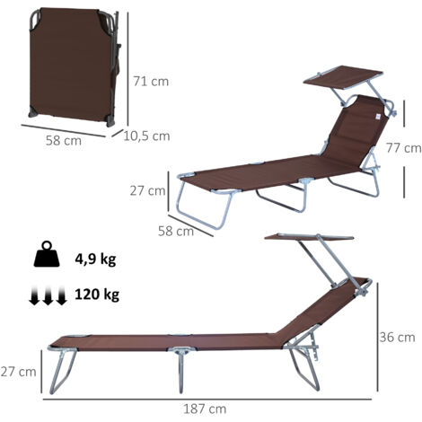 Chaise longue pliante Outsunny, chaise longue de jardin avec pare-soleil, chaise longue avec dossier réglable en 4 positions, chaise longue de camping, supporte jusqu'à 120 kg, convient pour le jardin
