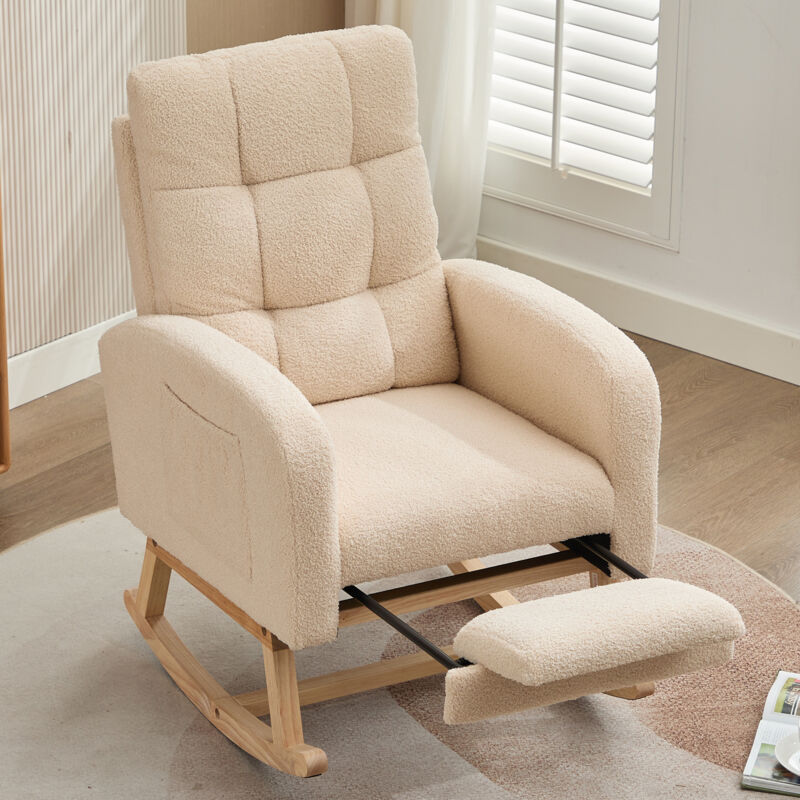 Fauteuil à bascule en velours Teddy, structure en bois massif, pieds en métal, rembourrage en mousse haute densité, pour salon, beige