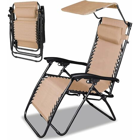 Chaise Longue Pliante Transat Jardin, Bain de Soleil Transat avec Pare Soleil,Chaise de Plage Pliable, Fauteuil Relax Jardin Charge Max 250KG - Kaki