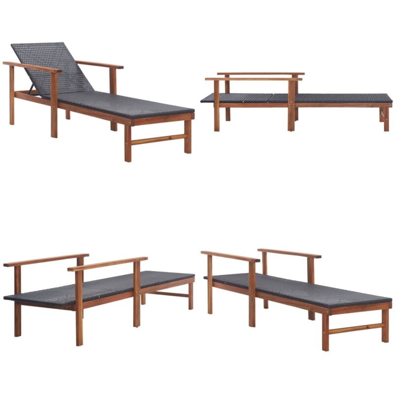 Chaise longue Résine tressée et bois d'acacia massif Noir - Chaises Longues - Transat - Mobilier De Jardin - Chaises Extérieures - Jardin - Home &