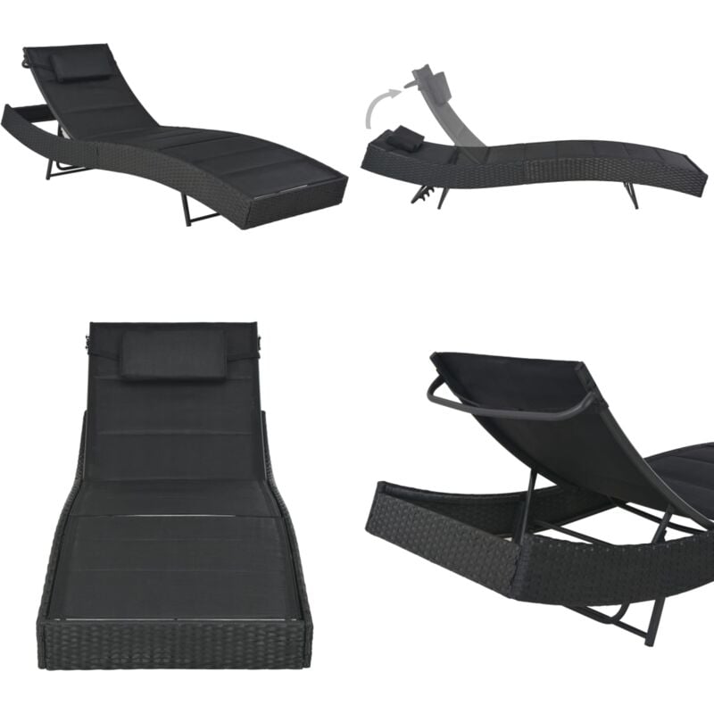 Chaise longue Résine tressée et textilène Noir - Chaises Longues - Transats - Mobilier De Jardin - Chaises De Jardin - Bain De Soleil - Home & Living