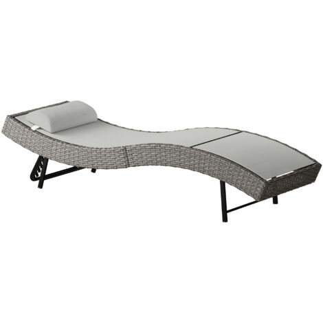 Chaise longue résine tressée grise 198x61x44 cm, bain de soleil dossier réglable 5 positions avec appui-tête