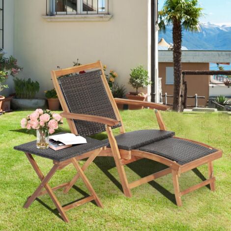 Chaise Longue Rotin Repose-pied Table d'Appoint Pliable Jardin CW22372