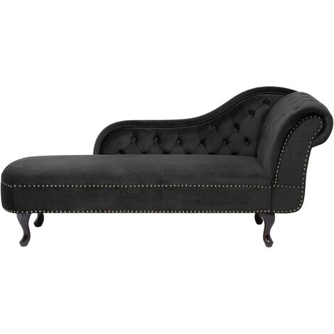 Chaise longue tapizado en terciopelo negro con botones versión derecha Nimes