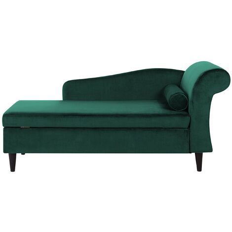 Chaise longue tapizado en terciopelo verde con almacenamiento versión derecha Luiro