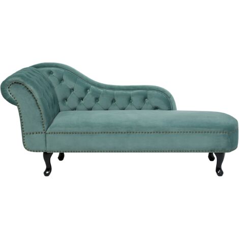 Chaise longue tapizado en terciopelo verde menta con botones versión izquierda Nimes