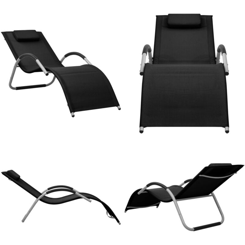 Chaise longue textilène noir et gris - Chaise Longue - Mobilier De Jardin - Transat - Bain De Soleil - Textile - Home & Living