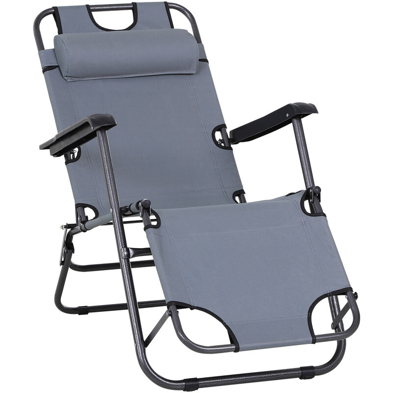 Chaise longue inclinable transat bain de soleil 2 en 1 pliant têtière amovible charge max. 136 Kg toile oxford facile d'entretien gris clair - Gris