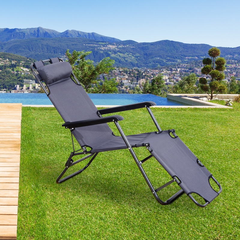 Outsunny - Chaise longue pliable bain de soleil transat de relaxation dossier inclinable avec repose-pied polyester oxford gris - Gris