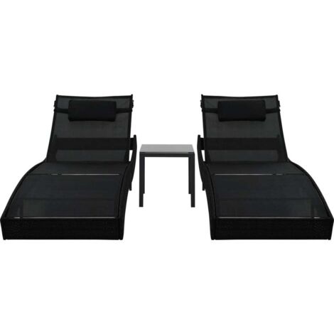 Chaise longue  Transat  Bain de soleil 2 pcs et table Résine tressée et textilène Noir