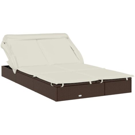 Chaise longue  Transat  Bain de soleil 2 places avec toit pliable marron 213x118x97 cm