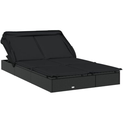 Chaise longue  Transat  Bain de soleil 2 places avec toit pliable noir 213x118x97 cm