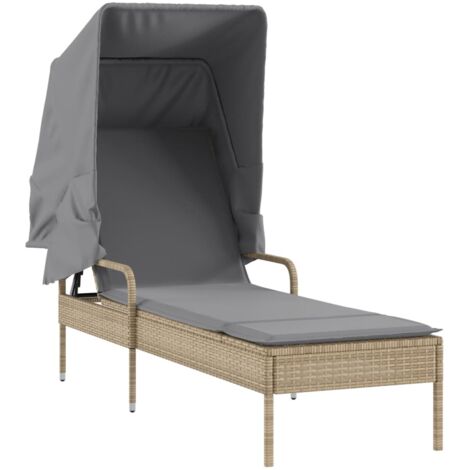 Chaise longue  Transat  Bain de soleil avec auvent beige résine tressée