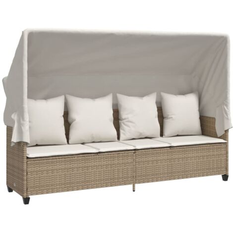 Chaise longue Transat Bain de soleil avec auvent et coussins beige résine tressée