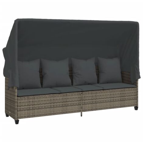 Chaise longue Transat Bain de soleil avec auvent et coussins gris résine tressée
