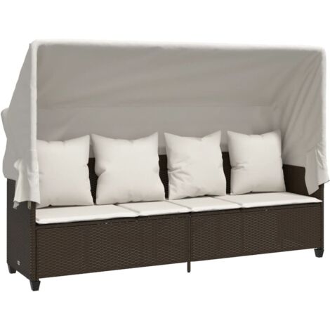 Chaise longue Transat Bain de soleil avec auvent et coussins marron résine tressée