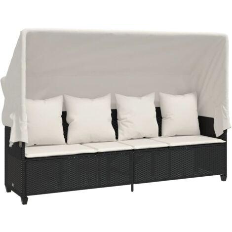 Chaise longue Transat Bain de soleil avec auvent et coussins noir résine tressée