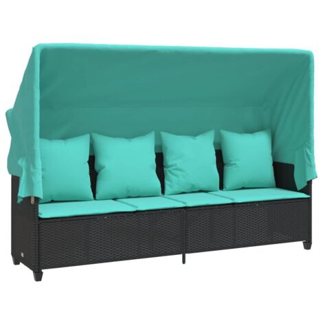 Chaise longue Transat Bain de soleil avec auvent et coussins noir résine tressée