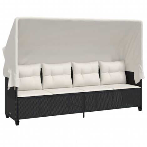 Chaise longue  Transat  Bain de soleil avec auvent et coussins noir résine tressée
