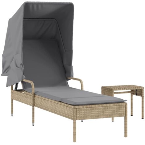 Chaise longue  Transat  Bain de soleil avec auvent et table beige résine tressée