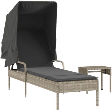 Chaise longue Transat Bain de soleil avec auvent et table gris clair résine tressée
