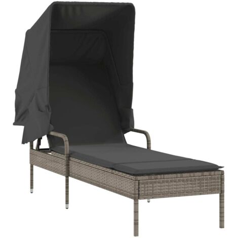 Chaise longue  Transat  Bain de soleil avec auvent gris résine tressée