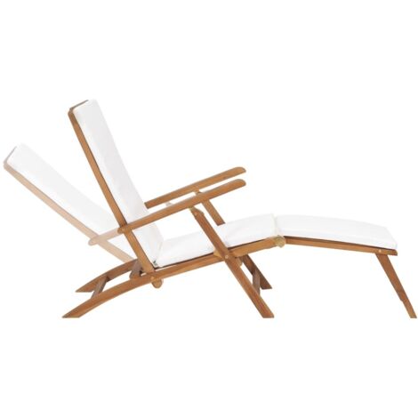 Chaise longue  Transat  Bain de soleil avec coussin Blanc crème Bois de teck solide
