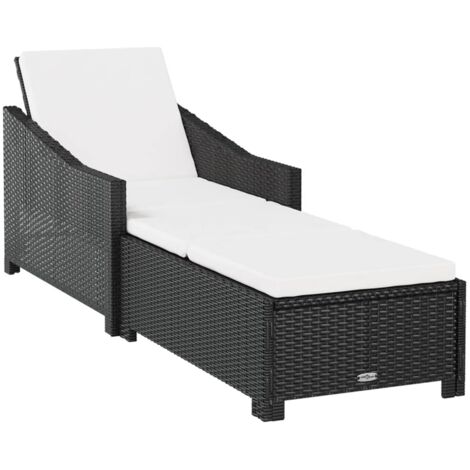 Chaise longue  Transat  Bain de soleil avec coussin blanc crème Résine tressée Noir