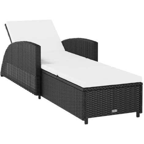 Chaise longue  Transat  Bain de soleil avec coussin blanc crème Résine tressée Noir