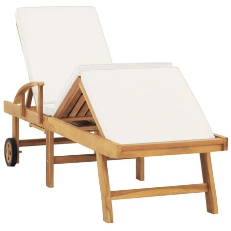 Chaise longue  Transat  Bain de soleil avec coussin Bois de teck solide Crème