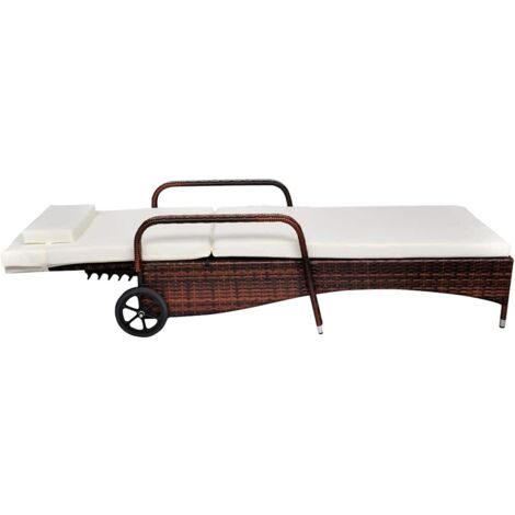 Chaise longue  Transat  Bain de soleil avec coussin et roues Résine tressée Marron