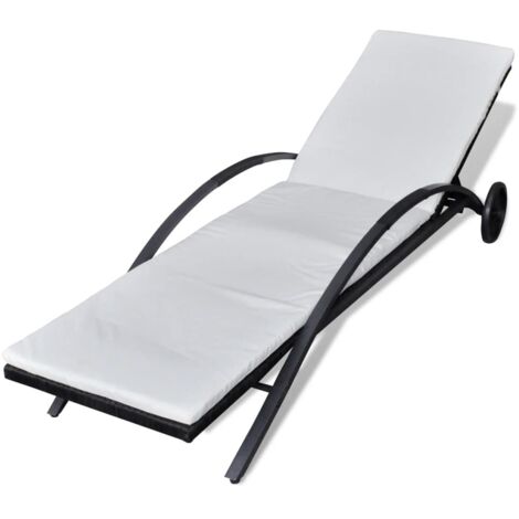 Chaise longue Transat Bain de soleil avec coussin et roues Résine tressée Noir