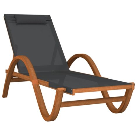 Chaise longue  Transat  Bain de soleil avec coussin gris textilène/bois massif peuplier