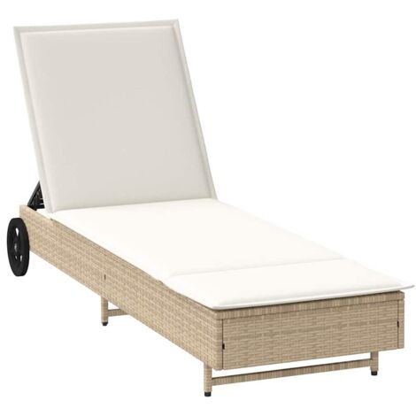 Chaise longue Transat Bain de soleil avec roues et coussin beige résine tressée
