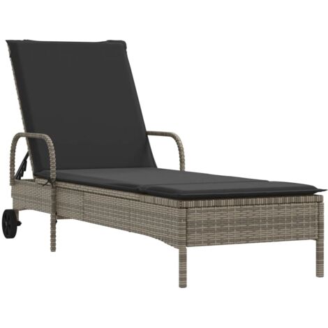 Chaise longue  Transat  Bain de soleil avec roues et coussin gris résine tressée