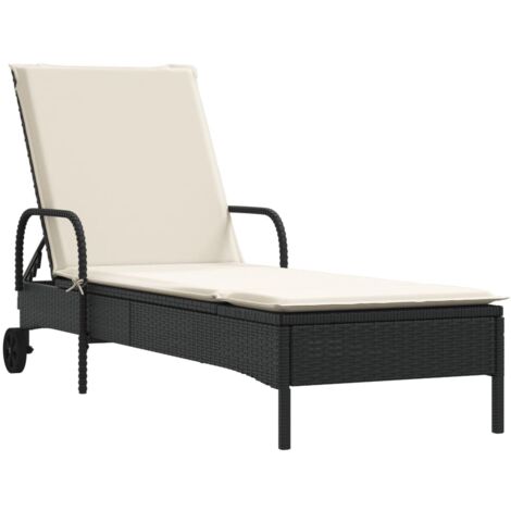Chaise longue Transat Bain de soleil avec roues et coussin noir résine tressée