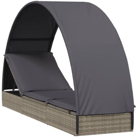 Chaise longue  Transat  Bain de soleil avec toit rond gris 211x57x140 cm résine tressée