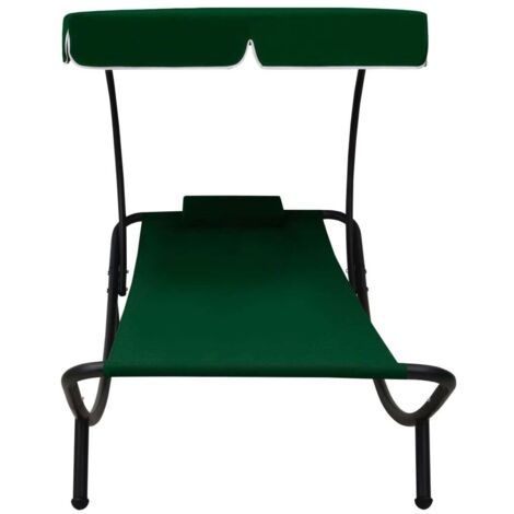 Chaise longue  Transat  Bain de soleil de jardin avec auvent et oreiller vert