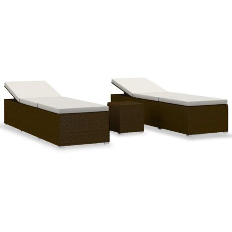 Chaise longue  Transat  Bain de soleil de jardin table à thé 3 pcs Résine tressée Marron