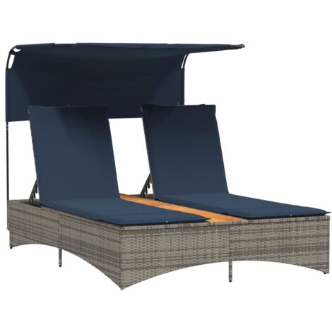 Chaise longue Transat Bain de soleil double avec auvent et coussins en polyrotin gris