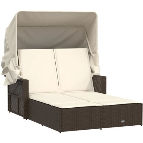 Chaise longue Transat Bain de soleil double avec auvent et coussins marron poly rotin
