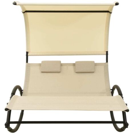 Chaise longue Transat Bain de soleil double avec auvent Textilène Crème