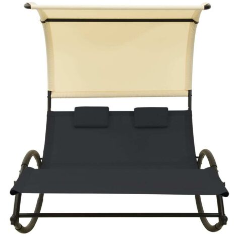 Chaise longue Transat Bain de soleil double avec auvent textilène noir et crème