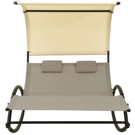 Chaise longue  Transat  Bain de soleil double avec auvent Textilène Taupe et crème