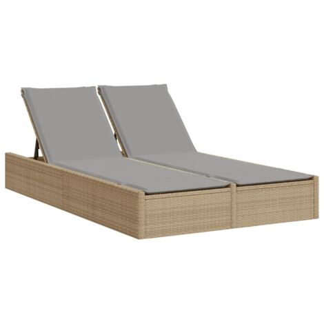 Chaise longue Transat Bain de soleil double avec coussins beige résine tressée