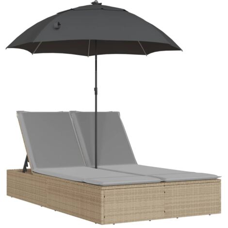 Chaise longue Transat Bain de soleil double avec coussins et parasol beige poly rotin