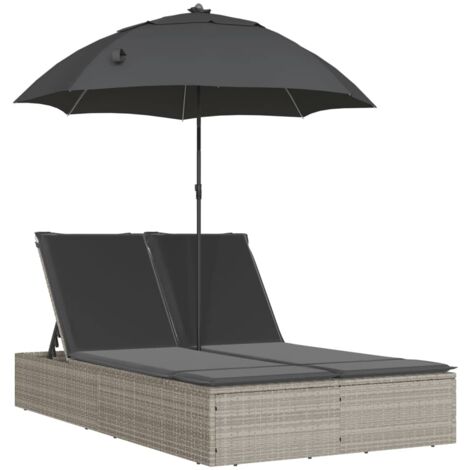 Chaise longue  Transat  Bain de soleil double avec coussins et parasol gris clair rotin